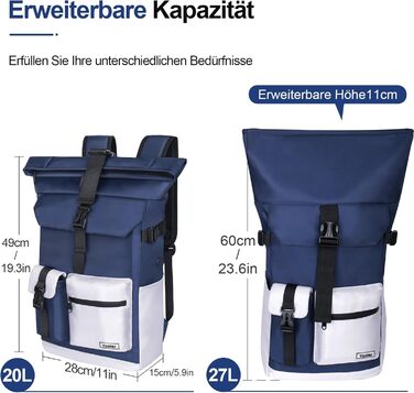 Roll-Top Backpack Waterproof, 27L Large Backpack Men Women, School Backpack with 17.3 inch Laptop Compartment, Travel Backpack Hiking Backpack for Business, Work, University, Travel, Leisure (Blue)