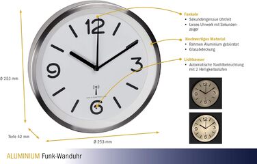 TFA Dostmann Analog Wall Clock, 60.3535, with Night Light, Quiet Movement with Second Hand, White/Silver, 60.3535.02, L 253 x W 253 x H 42 mm