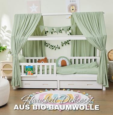 ALAVYA HOME® 3-Piece House Bed Decor Set with 2 Canopy Curtains | 1 Wimpelkette (300cm long) for Children's Bed, Kids' Room | 100% Organic Muslin Cotton | GOTS Certified | 125 x 350 cm | Khaki 125 x 350 cm Khaki