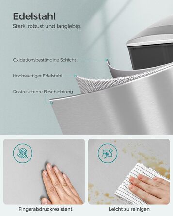 Степле́р SONGMICS для кухні, 48 літрів, вузький, з м'яким закриттям, з відром, з нержавіючої сталі, 15 мішків у комплекті, сріблястий