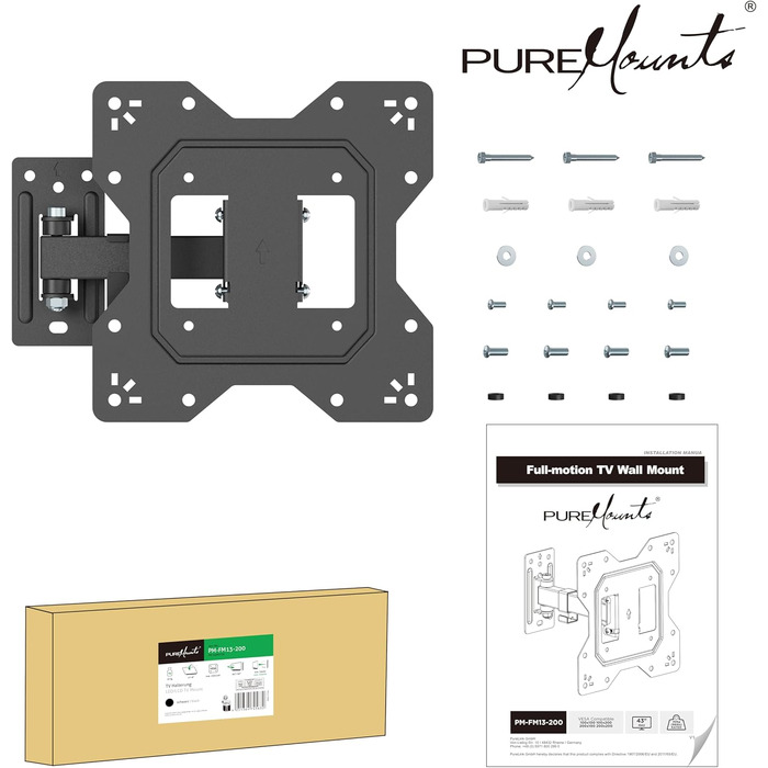 Кріплення для телевізора PureMounts - настінне, поворотне, нахилене, універсальне, VESA 200x200, для телевізорів 23-43 дюймів, до 30 кг, чорний, без шарнірного кріплення