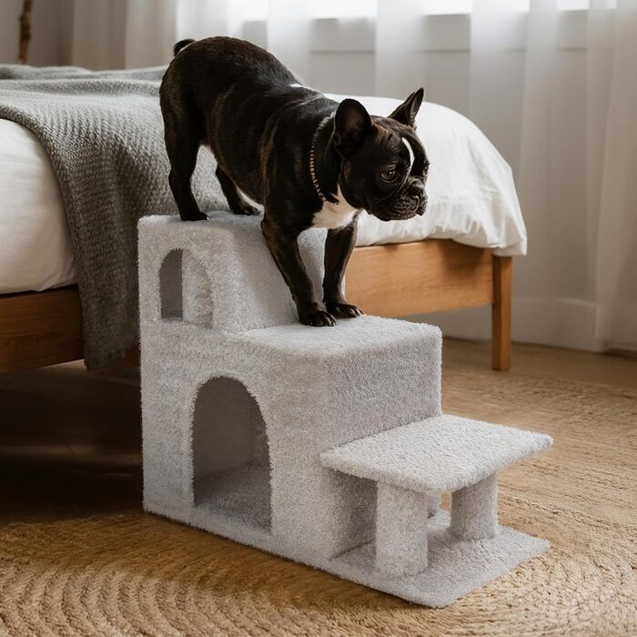 Сходинки для собак Veehoo: 3 сходинки, ліжко, печеринка, для маленьких собак та котів, сірий, 67x34x52 см, до 45 кг