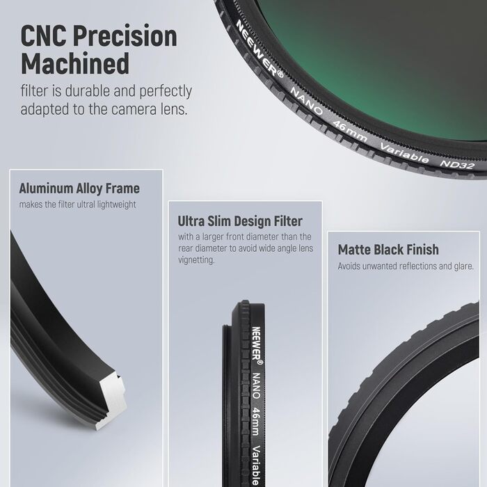 NEEWER Змінний ND фільтр ND2-ND32 (1-5 ступенів) для камери, 46 мм, оптичне скло HD, водонепроникний, антибліковий