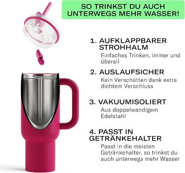 Waterdrop® Insulated Stainless Steel Tumbler with Straw - 1.1L Leak-Proof, Durable Travel Mug, Keeps Drinks Cold for 12 Hours, with Lid - Winter White (Wildberry)
