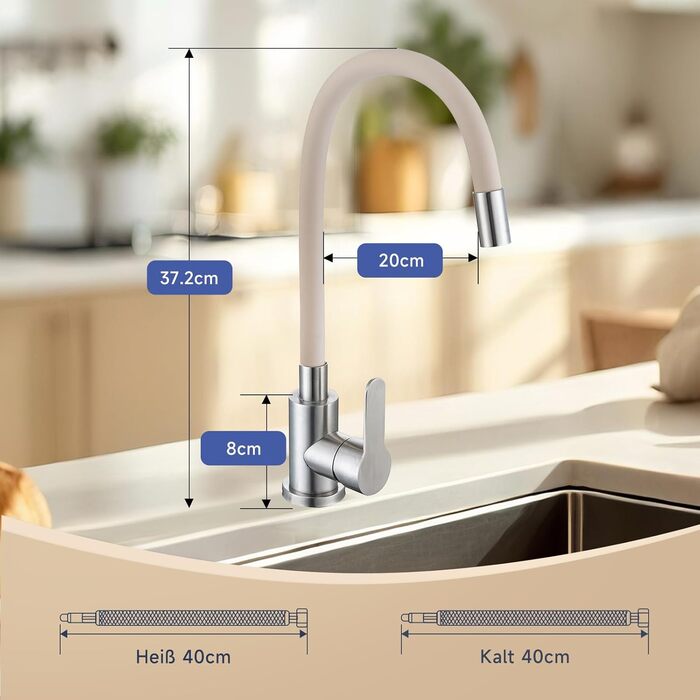 Кран кухонний з гнучким шлангом 360°, високий тиск, поворотний, нержавіюча сталь, бежевий