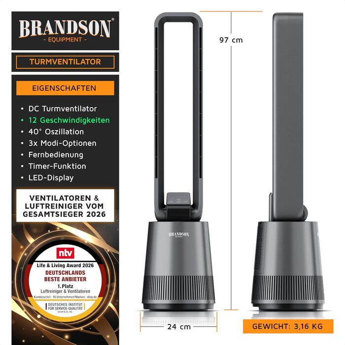 Вентилятор підлоговий Brandson DC ECO Line з пультом, 3 режими, нічний режим, енергоефективний для спальні