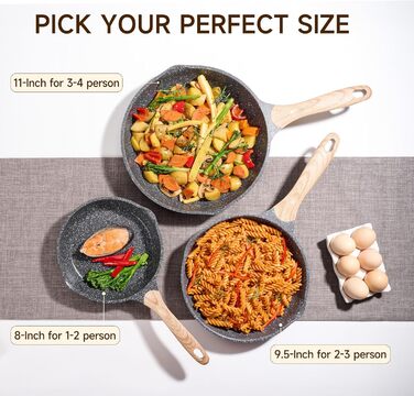 Набір сковорідок JEETEE 6 шт. з кришкою, антипригарне покриття, для всіх плит, індукційні, з кованого алюмінію, PFOA-free (Black, 20/24/28 см)