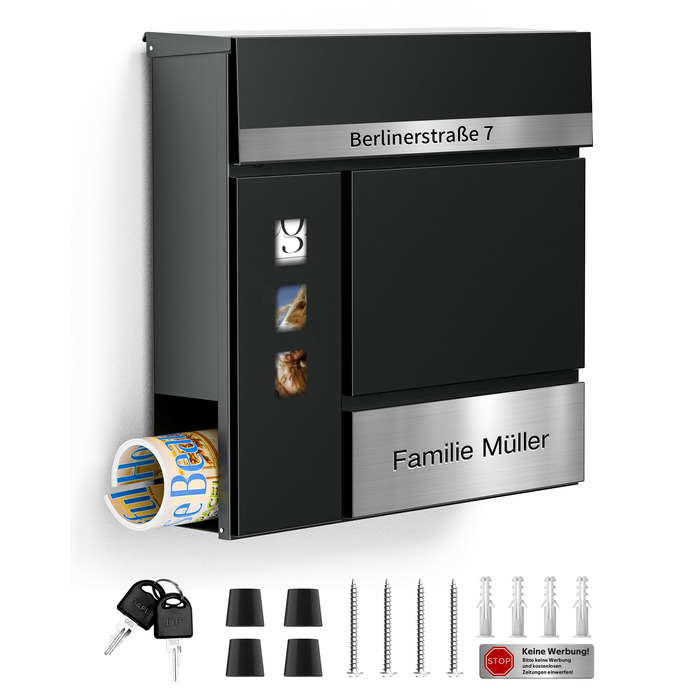Поштовий ящик Anthrazit з гравіюванням, персоналізований, нержавіюча сталь, з відділенням для газет та замком (2 ключі) | Поштовий ящик з іменним шильдиком та номером будинку