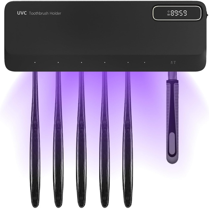UV Toothbrush Sanitizer with 6 Toothbrush Brush Slots, UV Disinfection Toothbrush Holder with Drying, 2000mAh USB Rechargeable Toothbrush Sanitizer Holder Wall Mounted with 3 Modes for Bathrooms (White) (Black)