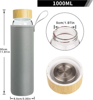 Glass Water Bottle 1L - Glass Water Bottle with Bamboo Lid 1 Liter (Green Leaves 1liter, 1000ml)