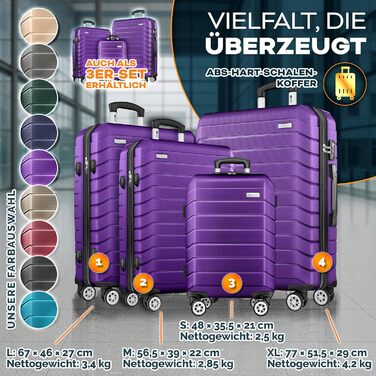 Набір валіз Tillvex® 4 шт. + ваги для багажу, 8 ременів для валіз & 4 багажні бірки | Набір валіз на 4 колесах | Валіза-роликовий багаж з TSA замком | Набір валіз з жорстким корпусом S-M-L-XL фіолетового кольору