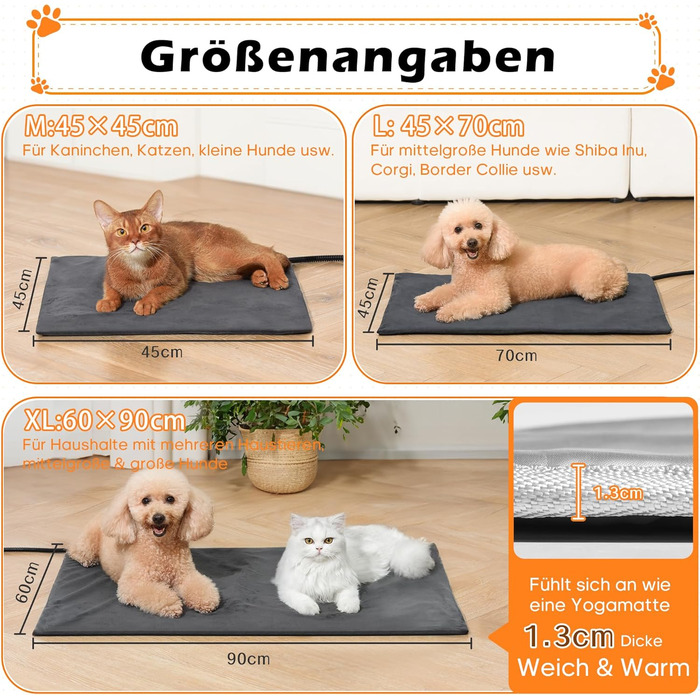Підігрівальний килимок для тварин 45x70 см – ковдра для собак та котів, 30–60°C, таймер 14 год, захист від перегріву, міцний кабель 1,8 м, 2 знімні чохли, регулювання температури