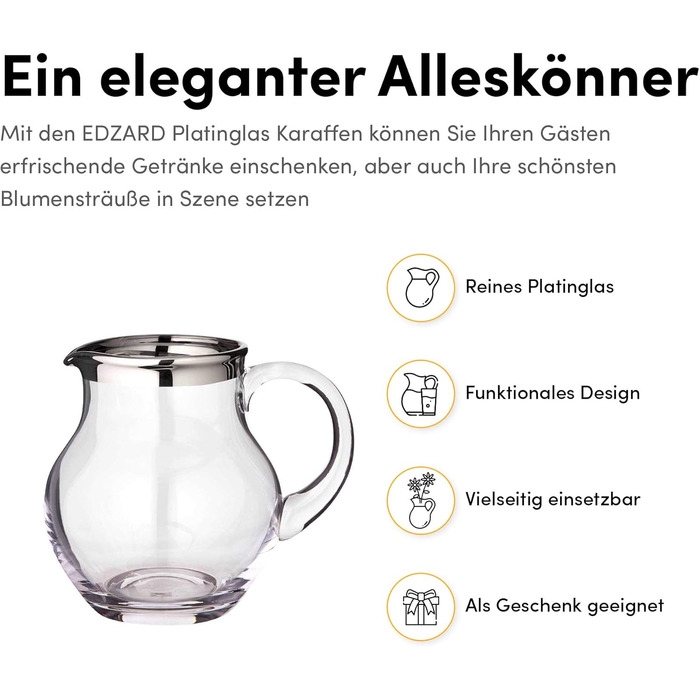 EDZARD Glass Giraffe Olivia, fine crystal glass pitcher with platinum rim, capacity 1.0 liter, height 16 cm