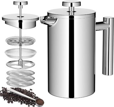 Make a French Press Coffee Maker, 21Oz Stainless Steel French Press with 3-Level Filtration System, Double-Walled Insulated French Press with 3 Filters and 1 Metal Spoon 600ml Silver