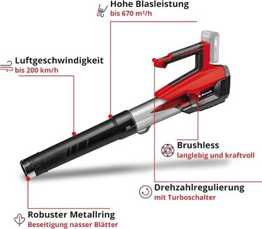 Акумуляторний повітродув Einhell GP-LB 18/200 Li Solo Power X-Change, 18В, літій-іонний, осьова турбіна, потік 670 м³/год, набір для очищення ринв, без акумулятора та зарядного пристрою
