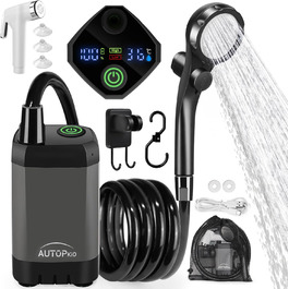 AUTOPkio Camping Shower with Pump, Upgraded Camping Shower 6000mAh Rechargeable Pump, Smart Digital Display for Camp, Outdoor, Pet, Emergency
