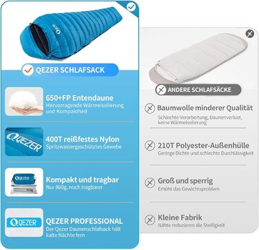 Сплячий мішок для дорослих та дітей, легкий зимовий спальник Outdoor 8°C ~ -30°C для кемпінгу та альпінізму з 650 FP гусячим пухом, блакитний, 500г пуху