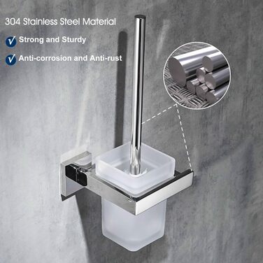 WC brush and holder, wall brush holder, chrome, toilet brush set. Toilet brush set made of 304 stainless steel and frosted glass for bathrooms.