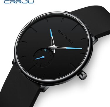 Годинник чоловічий CRRJU з силіконовим ремінцем, ультратонкий, водонепроникний, мінімалістичний, спортивний, кварцовий, блакитно-чорний