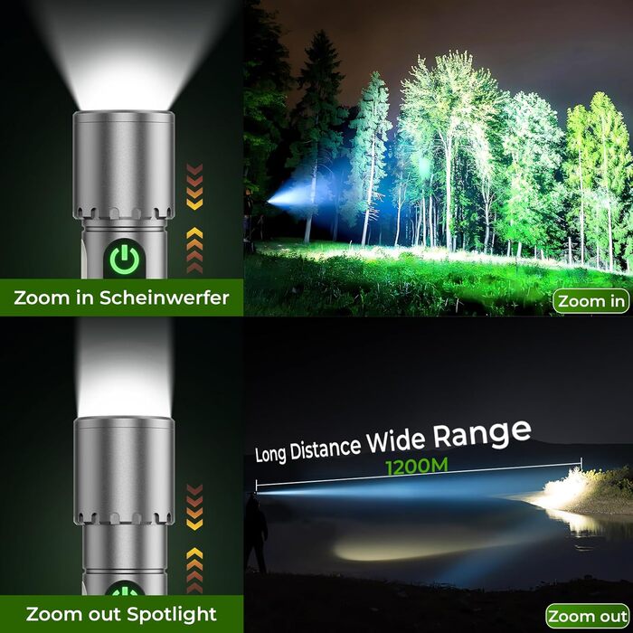 Ліхтар LED акумуляторний 500000 люмен, 9 режимів, XHP90.2, Zoom, IPX7, водонепроникний, для кемпінгу, туризму, надзвичайних ситуацій (сріблястий)