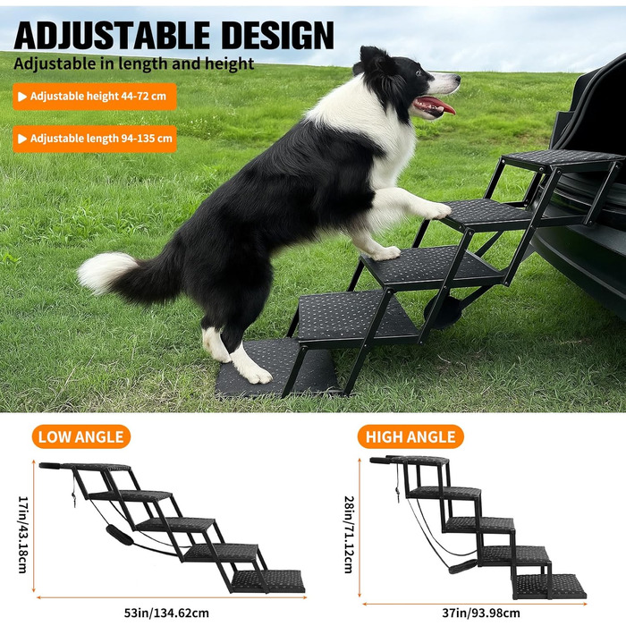 Сходинки для собак на 5 сходинок, розкладні – пандус для собак, витримує до 100 кг, регульована висота 44-72 см, щадна для суглобів, антиковзка, для маленьких, середніх та великих собак