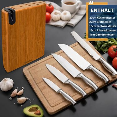 Fimaten 6-Piece Wooden Knife Block Set - Kitchen Knife Set with Chef's Knife, Santoku Knife, Bread Knife, Fruit Knife, Utility Knife & Sharpener