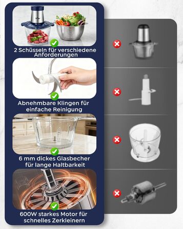 Електричний подрібнювач м'яса Bear 2L+1.8L з функцією м'ясоподрібнювача, 600W, 2 швидкості, зі скляною та нержавіючою сталлю, 4 леза, для м'яса, дитячого харчування, фруктів та овочів