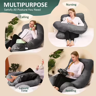 Chilling Home Pregnancy Pillow J Shape, Side Sleeper Pillow with Cover J Pillow Nursing Pillow Large Storage Pillow, Pillow for Women and Side Sleepers (Light Black, Velvet)