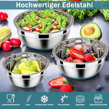 Mixing Bowl Set of 6, Homikit Stainless Steel Bowl Set, Salad Bowl with Airtight Lid & Non-Slip Silicone Bottom for Cooking/Baking/Serving, 4.6L/2.8L/2.5L/1.6L/1.2L/0.7L, Blue