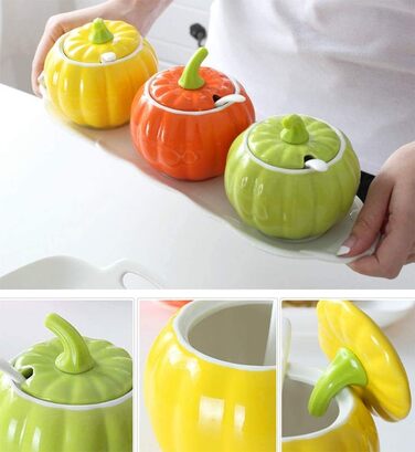 YBK Tech Cute Pumpkin Candy Jar Ceramic Sugar Bowl for Coffee Tasting (3 Pieces + Wooden Holder)