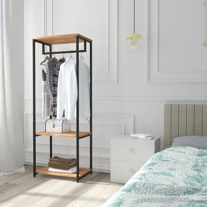 WOLTU Clothes Rack Hanging Shelf Clothes Rail with Shoe Shelf for Bedroom Wardrobe Stand, Metal and Wood, Black + Light Oak, approx. 60 x 40 x 167 cm