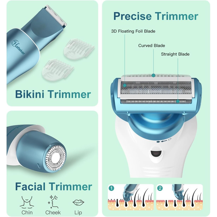 Електричний епілятор Hatteker 3-в-1 для жінок: тример, брітор та епілятор. З LED-дисплеєм, IPX7, USB-зарядка (Блакитний)