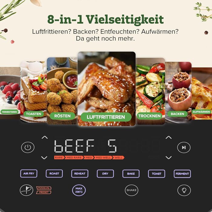 Аерофритюрниця Chefree з віконцем, 6.5 л, 8-в-1, 6-7 порцій, з термощупом, таймером, антипригарна, для посудомийки, чорна, AF500