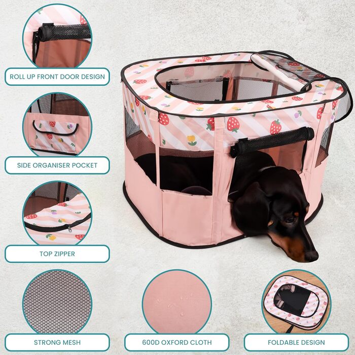 Складаний вольєр для тварин Belle Vous Pink - для собак та котів, знімний дах, для дому та вулиці