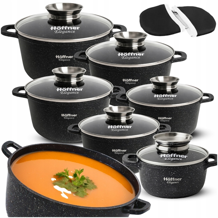 Набір каструль Hoffner, алюміній з мармуровим покриттям, чорний, 17 предметів