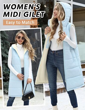 Жіноча степкова жилетка Vancavoo з капюшоном на осінь/зиму. Тепла жилетка з флісовою підкладкою, без рукавів, для відпочинку та перехідного періоду (Блакитна, S)