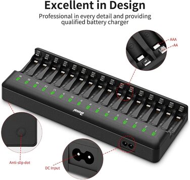 Зарядний пристрій BONAI для акумуляторів AA AAA з LED-індикатором, 16 слотів, універсальний, чорний