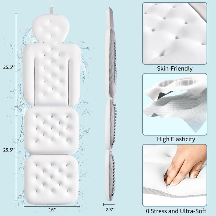 Luxury Full Body Bathtub Pillow with Mesh Bag - White, 51' x 16'