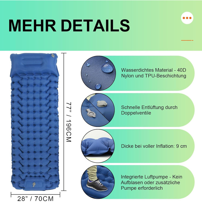 Каремат (килимок) для кемпінгу iParaAiluRy ультралегкий, компактний, надувний - синій. Для туризму, пікніків, пляжу.