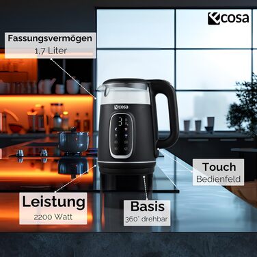 Електрочайник Ecosa® зі скляною колбою та регулюванням температури, 1,7 л, 2200 Вт, не містить BPA, з підігрівом та LED-підсвічуванням (Black Pearl)