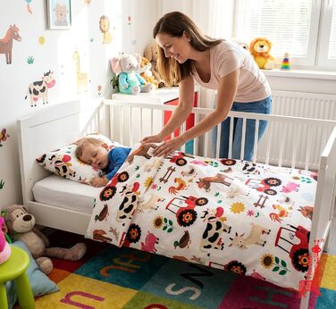 Комплект постільної білизни для дитячого ліжечка: простирадло 100x135 см та наволочка 40x60 см з бавовни, сертифікат Öko-Tex Standard, для хлопчиків та дівчаток (фермерський дизайн)