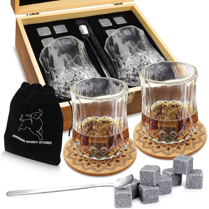 Набір для віскі з кубиками льоду – 8 шт. та 2 склянки, дерев'яна коробка, подарунок для чоловіків та жінок