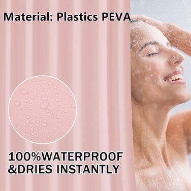 Штора для душу 180x180 см, водонепроникна, антигрибкова, для ванни/душу, з кільцями, рожева