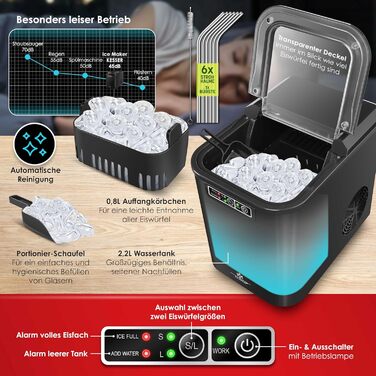 Машина для приготування льоду KESSER® з нержавіючої сталі | 12 кг льоду за 24 години | Швидке приготування (7 хв) | 2.2 л резервуар | 2 розміри кубиків льоду | LED-дисплей | Самоочищення | Чорний