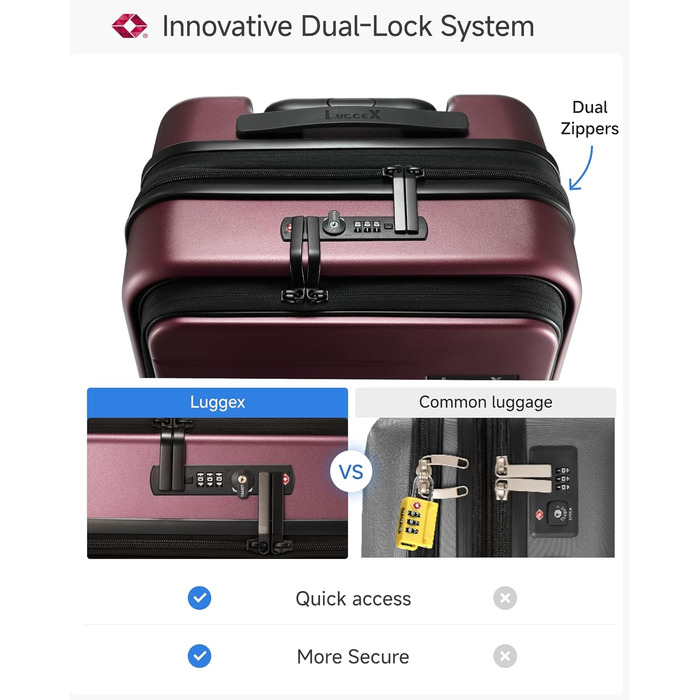 Чемодан-валіза LUGGEX на ручках, ручна поклажа з відділенням для ноутбука – Розширюваний жорсткий кейс з полікарбонату з TSA-замком (56×38×24 см) (Червоний)