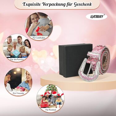 LEACOOLKEY Ремінь з стразами для чоловіків та жінок, блискучий вестерн кантрі ковбойський ремінь з ніти, для джинсів, штанів, суконь, розмір S (73-82 см), загальна довжина 105 см, колір G-рожевий (срібна пряжка)