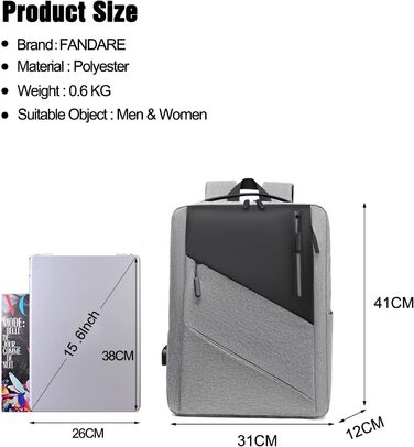 Рюкзак для ноутбука FANDARE Slim - чоловічий/жіночий, для роботи, подорожей, навчання. USB-порт, багато кольорів (сірий)