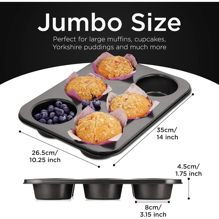Wrenbury Pro XL Jumbo Muffin Tin – non-stick coating, 9.5 cm large muffin tin – giant cupcake molds for 6 cups