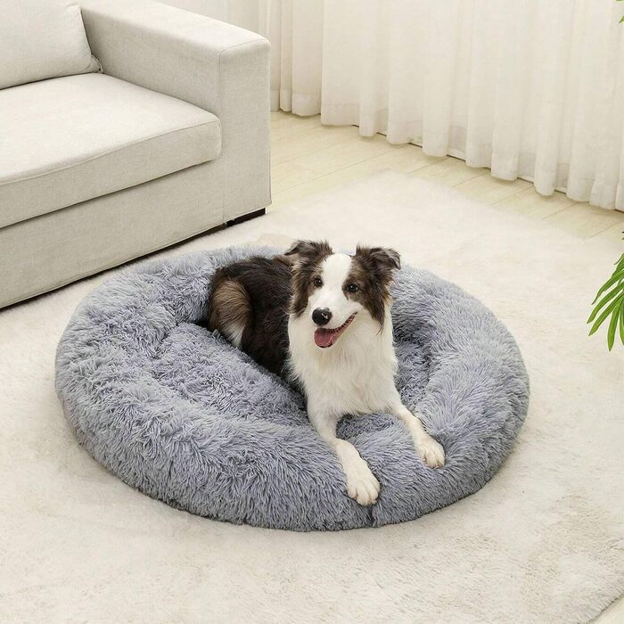М'яке ліжко для собак великих порід та котів - кругле шорстке ліжко з високими бортиками - антиковзаюче дно - силіконова наповнювач - комфортне місце для сну - 90 см - зручне та довговічне - сірий колір