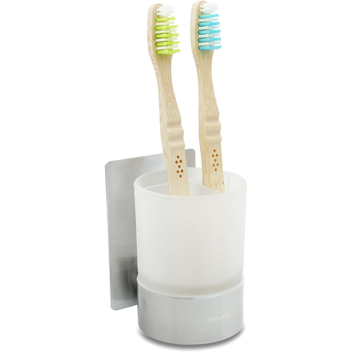 Dolvhin® Toothbrush Holder without Drilling | Frosted Glass Toothbrush Holder for Gluing | Tooth Cup & Wall Mount Toothbrush Holder Stainless Steel | Toothbrush Cup & Toothbrush Organizer | Silver Grey